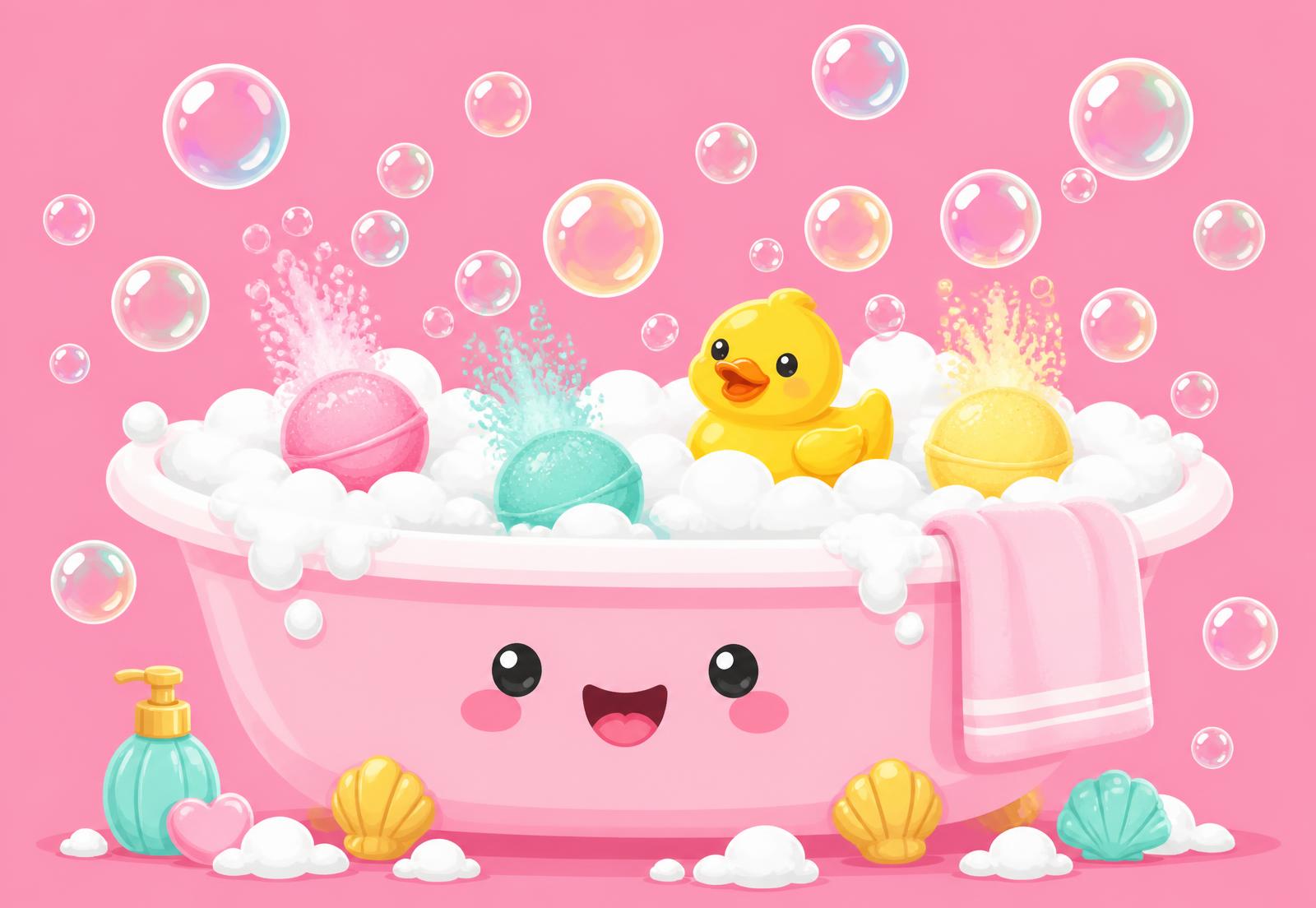 Illustration of a smiling pink bathtub full of foam, bath bombs and floating bubbles
